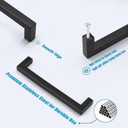 KNOBWELL 20 Pack| 6-3/10 inch Black Cabinet Pulls, 160mm Kitchen Cabinet Handles Stainless Steel Square Pulls for Cupboard Dresser Drawer Closet Wardrobe Vanity - color: Matte Black, size: Hole Center:6-3/10 inch(160mm)