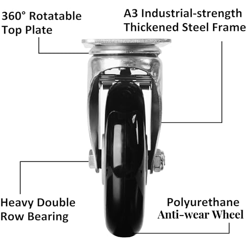 Finnhomy 5 Inch Heavy Duty Plate Swivel Casters Set of 4 With Brake - PU Wheels for Furniture/Workbench, Industrial Locking, Load 3000 Lbs, Anti-wear Smooth Black (Free Screws) - style: 5" (with Brake)