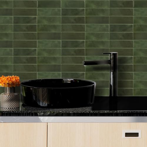 Alwayspon 12×12inch×10Pcs 2.5mm Thick Version Deep Green Marble Style 3D Vinyl Backsplash Tiles, Self-Adhesive Peel and Stick Wall Tile Stickers Stick on Subway Tiles for Kitchen Bathroom Wall - color: Deep Green
