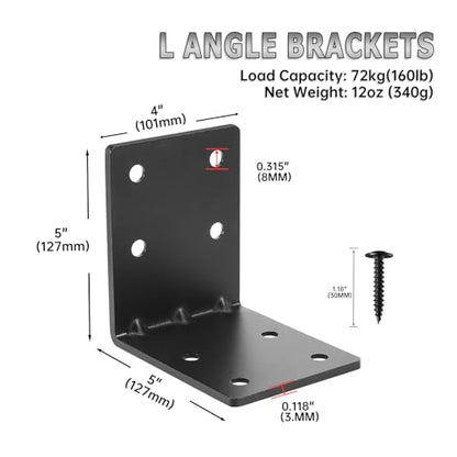 4 PCS Heavy Duty Steel Corner Brackets, 5"x5"x4" 90 Degree L Right Angle Bracket, DIY L Shelf Brackets, Metal Joint Timber Connector Support for Wood Shelves, Furniture - size: 5x5x4in