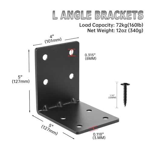 4 PCS Heavy Duty Steel Corner Brackets, 5"x5"x4" 90 Degree L Right Angle Bracket, DIY L Shelf Brackets, Metal Joint Timber Connector Support for Wood Shelves, Furniture - size: 5x5x4in