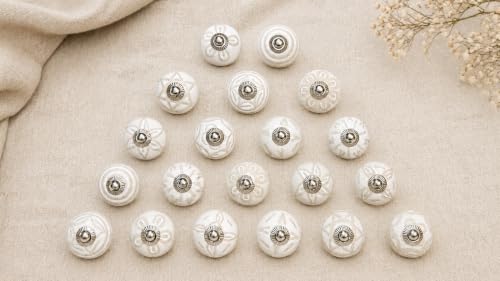 JGARTS 20 Knobs White Hand Painted Ceramic Knobs Cabinet Drawer Pull - color: White