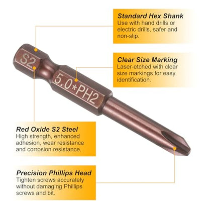 HARFINGTON 5pcs #2 Phillips Screwdriver Bit PH2 1/4" Hex Shank 2" (50mm) Long 0.2" Rod Magnetic Cross Head Drive Drill Bits S2 Steel Industrial Screw Driver Electric Power Tool, Brown - size: PH2 x 2" x 0.2"