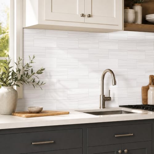 StyloVue 100 Pieces Peel and Stick Backsplash for Kitchen, 3" x 6" PVC Subway Tile 2026 Upgraded Dolomite Mist Backsplash Stick on Tile Elevate Kitchen Fireplace RV - color: Dolomite Mist