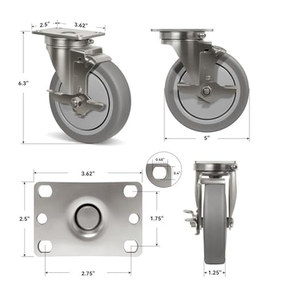 5" Caster Wheels, Stainless Steel Casters Set of 4 Heavy Duty, Anti-Corrosion Rubber Industrial Caster Wheels for Hospitals Food Labs(2 Brake& 2 Rigid) - style: 2 Brake&2 Rigid