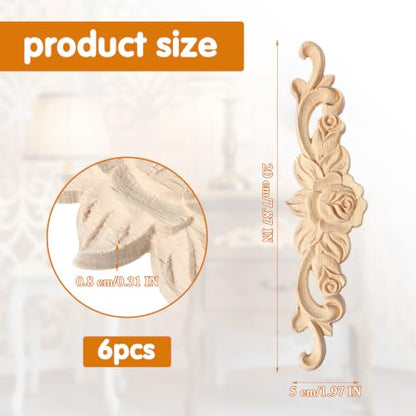 6 Pcs Wooden Appliques, 8 x 2 in Wood Appliques for Furniture