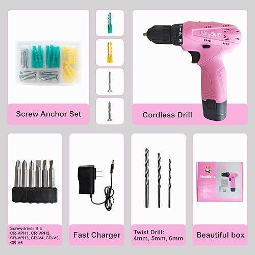 12V Pink Cordless Drill Set with Battery and Charger for Women DIY