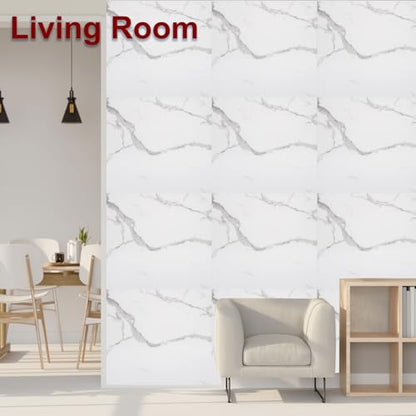 HARFINGTON 15pcs Peel and Stick Marble Tiles, Waterproof Wall Panel Backsplash, 12"x12" PVC Peel and Stick Shower Tiles for Bathroom, Kitchen, Living, White with Grey Veins Design - style: White with Grey Veins