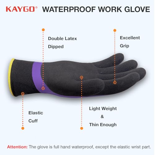 KAYGO Waterproof Work Gloves, Non-Slip Double Latex Coated, KG150 - color: Purple, size: Large