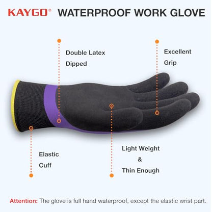 KAYGO Waterproof Work Gloves, Non-Slip Double Latex Coated, KG150 - color: Purple, size: X-Small