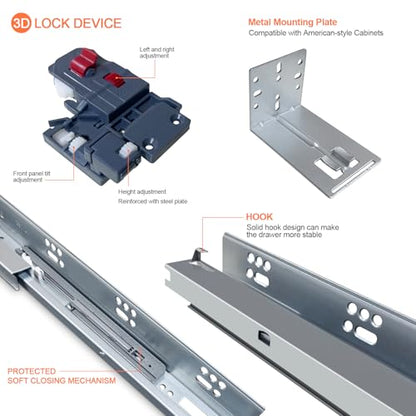 4 Pair 21 Inch Undermount Soft Close Drawer Slides Full Extension Concealed Bottom Mount Drawer Slides with 3D Adjustable Lock Device and Rear Mounting Brackets, 100 LB Capacity - size: 21 Inch