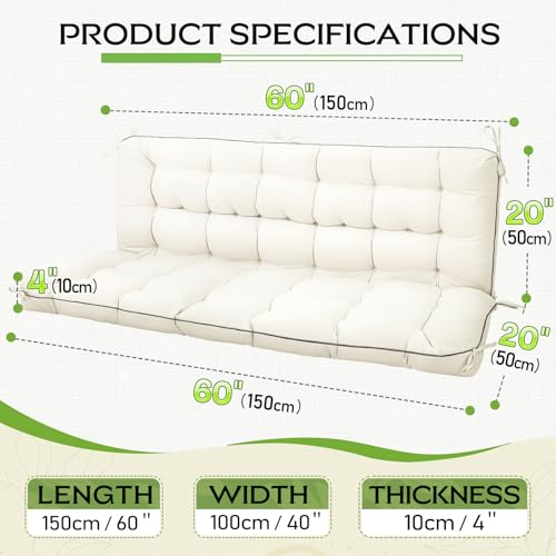 Oxford Fabric Swing Cushions with Backrest & Tie Straps for Patio Bench - color: Cream