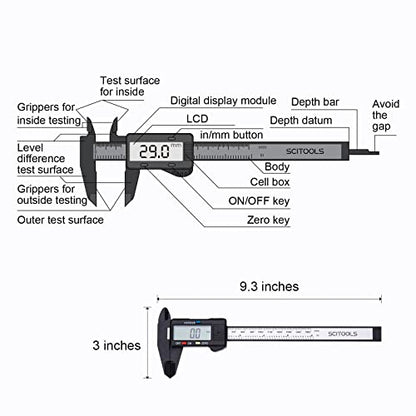 Digital Caliper 0-6" Measuring Tool, Micrometer Caliper with Auto-Off Feature, Interchangeable Between inches and millimeters for Jewelry Measurement and 3D Printing
