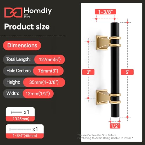homdiy 10 Pack 3 Inch Black & Gold Cabinet Handles, Modern Cabinet Pulls for Kitchen Cabinets, Dresser Drawers and Wardrobe Hardware, Kitchen Cabinet Hardware, Durable Zinc Alloy with Matte Finish - color: Black&Gold, size: 3in(76mm) hole centers