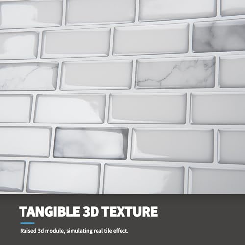 Art3d 10-Pack Peel and Stick Stone Backsplash Tile, 12" x 12", White Marble - color: White Marble