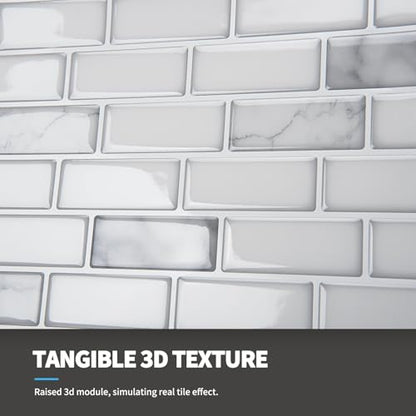 Art3d 10-Pack Peel and Stick Stone Backsplash Tile, 12" x 12", White Marble - color: White Marble