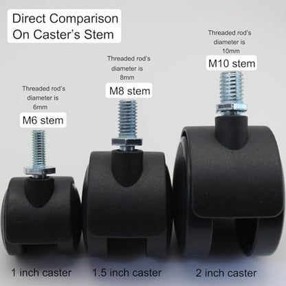 4 Pack 1.5 Inch Swivel Stem Caster Wheels Replacement Casters 1.5'' Furniture Wheel with Locking Brake Metric Threaded Stem M8 Wheels for Table Drawer Plant Shelf Metal Rack Laundry Basket