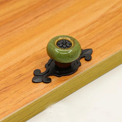 HUAMULAN 10 Pack Ceramic Knobs Leopard Dresser Cabinet Pulls with Backplate - color: HRJ1901-HeiBaoLv-10PACK