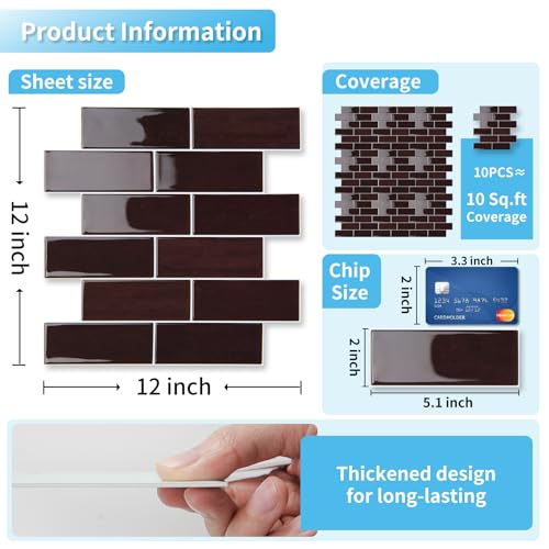 Art3d Peel and Stick Backsplash, Subway Wall Tile, 10-Pack, Dark Burgundy - color: Dark Burgundy