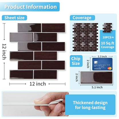 Art3d Peel and Stick Backsplash, Subway Wall Tile, 10-Pack, Dark Burgundy - color: Dark Burgundy