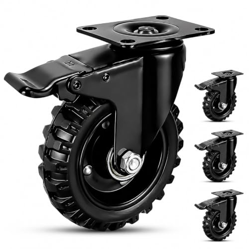 5 Inch Black Heavy Duty Caster Wheels, Dual-Lock Brake, Non-Marking Quiet Rubber Tires, 600LBS Each, 2400LBS Total, 4 Pack Industrial Caster Wheels, Ideal for Workbench, Trolley and Cabinett - color: Black
