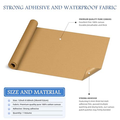 KING MOUNTAIN Canvas Iron on Patch,12"×60",Waterproof 100% Cotton Fabric Repair Patch,Used for Various Sofa,Tent,Clothes,Seats,Suitcases (Light Brown,Waterproof) - color: Light Brown, size: Canvas-12x60