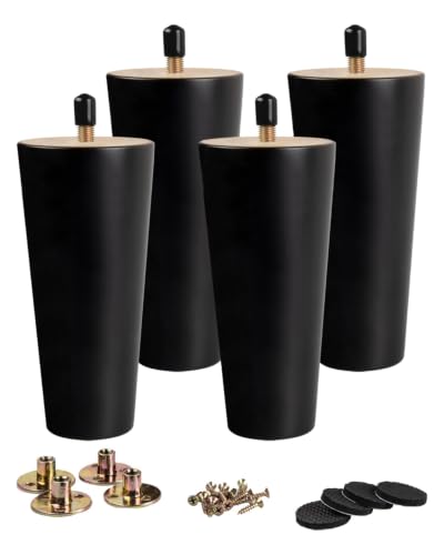 La Vane 6 inch / 15cm Wooden Furniture Legs, Set of 4 Black Solid Wood Tapered M8 Furniture Replacement Feet with Pre-Drilled 5/16 Inch Bolt & Mounting Plate & Screws for Sofa Chair Couch Ottoman - size: 6 inch