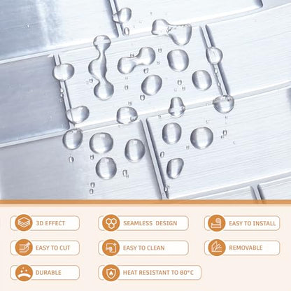 CRE8TIVE 16 Sheets Silver Peel and Stick Subway Tile Backsplash for Kitchen Bathroom 12"x12" 3D Metallic Stainless Steel Look Wall Tile Waterproof Stick on Backsplash Tiles for Living Room Fireplace - size: 12"x12" (16-Sheets)