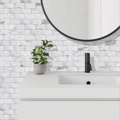 Vamos Tile 100-Piece Glossy Statury White Peel and Stick Backsplash Tile - color: Statury White with Dark Gray Grout