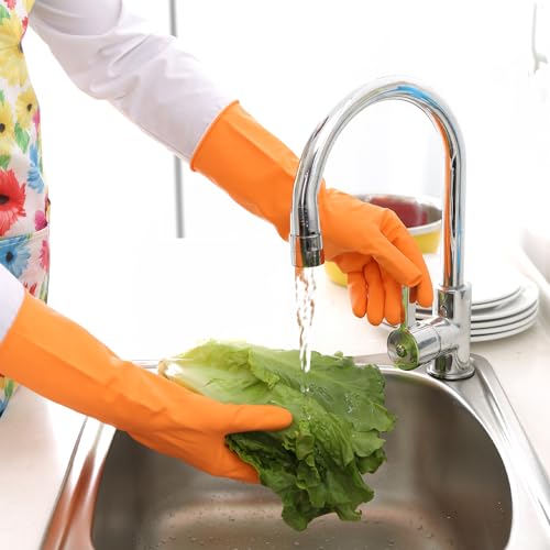 Bamllum 3 Pairs Rubber Cleaning Gloves for Household - Reusable Dishwashing Gloves for Kitchen, Flexible Long-lasting & Waterproof (Small, Green+Red+Orange) - size: Small
