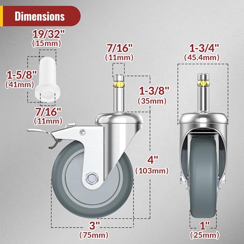 HOLKIE Stem Caster Wheels 3 inch Locking Casters Set of 4, 7/16-Inch Stem Diameter Swivel Castor Heavy Duty TPR Rubber Replacement Castors for Cart, Stool, Mop Bucket, Grill, Shop Vac - style: 3 inch-165LBS(With Brake)