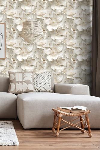 Peel and Stick Wallpaper Gray Yellow Gradient Floral Feature - color: Cream&Light yellow, size: 17.7" x 393.7"