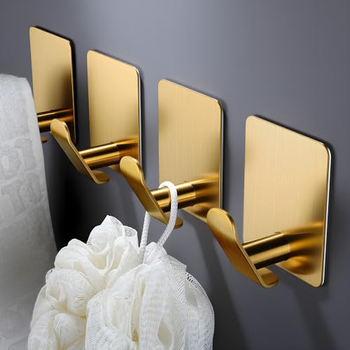 DELITON Adhesive Hooks - 4 Pack Gold Towel Hooks for Hanging Coat/Robe, Heavy Duty Stick on Wall for Bathroom and Kitchen - color: Gold