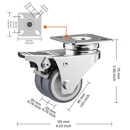 2" Double Wheel Casters with Brake (4 Pack) - color: Grey