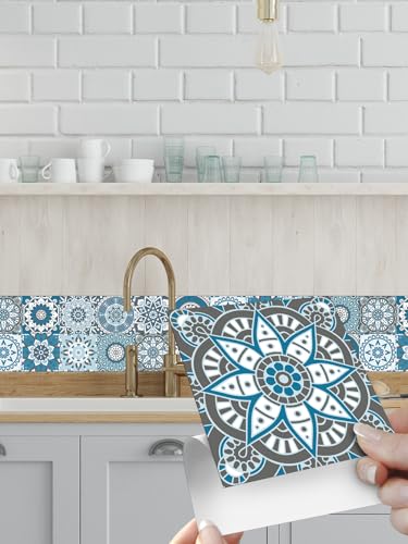 Peel Stick Vinyl Moroccan wall Tile Decals 6x6in Stick on backsplash,24Pc - color: Cyan Mandala 6x6