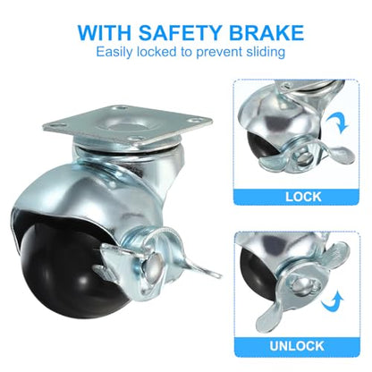 PATIKIL 1.5 Inch Ball Caster Wheels with Brake, 4 Pack 360° Rotating Swivel Top Plate Wheels 298 lbs Total Capacity Locking Caster with M4 Screws for Furniture Table Cabinet Silver - color: Silver, size: 1.5 Inch