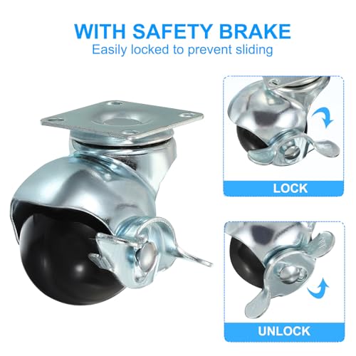 PATIKIL 2 Inch Ball Caster Wheels with Brake, 4 Pack 360° Rotating Swivel Top Plate Wheels 397 lbs Total Capacity Locking Caster with M4 Screws for Furniture Table Cabinet Silver - color: Silver, size: 2 Inch