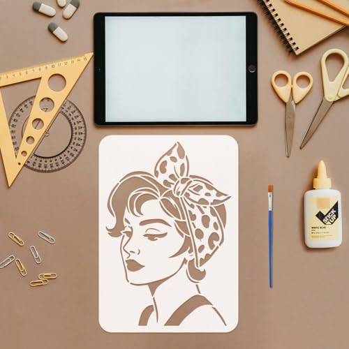 FINGERINSPIRE 4PCS Women Stencils 8.3x11.7inch with a Brush Bow Head Scarves Lady Stencils A4 Size Reusable Drawing Templates for Wall Wood Fabric Furniture Decor Art Painting - style: Women