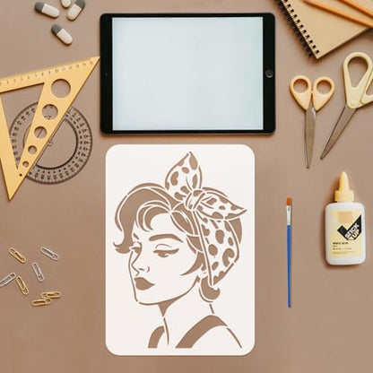 FINGERINSPIRE 4PCS Women Stencils 8.3x11.7inch with a Brush Bow Head Scarves Lady Stencils A4 Size Reusable Drawing Templates for Wall Wood Fabric Furniture Decor Art Painting - style: Women