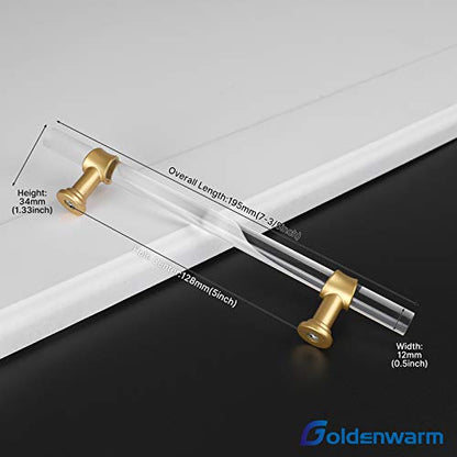 Goldenwarm 5 Pack 5 Inch Kitchen Cabinet Handles Gold Drawer Pulls Crystal Acrylic with Brushed Brass Handles for Cabinets Dresser Cupboard Wardrobe - color: Matte Gold, size: 5"/128MM Hole Center