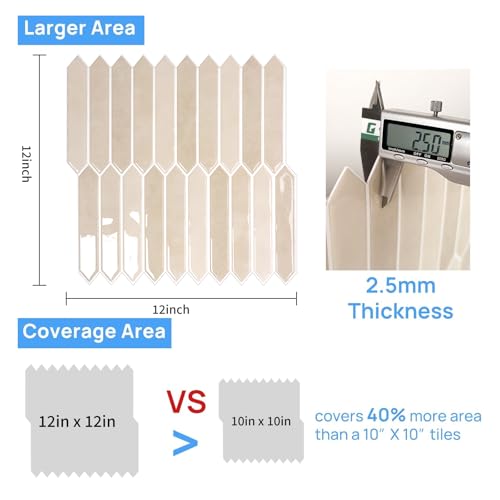 10-Sheet Peel and Stick Backsplash Tile, Self-Adhesive Beige Long Hexagon Wall Tiles, Stick on Backsplash for Kitchen, Bathroom, Fireplace, RV, Thicker Design(12"×12"). - color: Beige