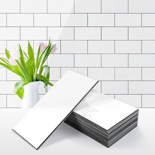 Vamos Tile 100-Piece Glossy Pure White Peel and Stick Backsplash Tile,3''x6'' PVC Subway Tile with Dark Gray Grout,Stick on Backsplash for Kitchen/Bathroom/Fireplace - color: Pure White with Dark Gray Grout
