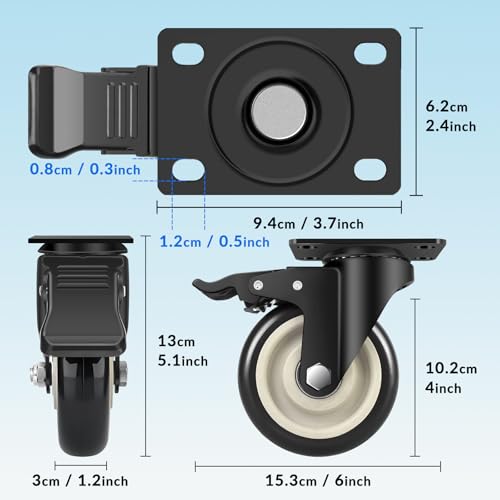 4 Inch Caster Wheels Set of 4, Heavy Duty Swivel Rolling with Brake - color: Black