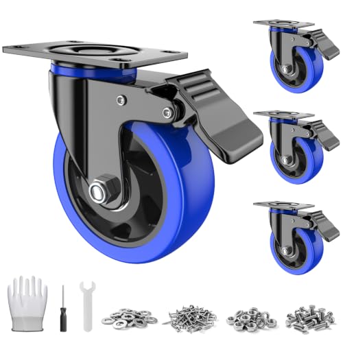 4 Inch Caster Wheels, Casters Set of 4 Heavy Duty, Locking Swivel Castors with Brake, Industrial Top Plate Casters for Workbench, Furniture, Cart(Free Hardware Kits) - color: Blue3, size: 4 Inch