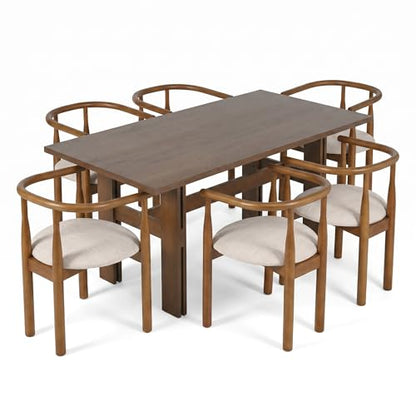 7-Piece Dining Table Set with 6 Chairs, 71 Inch, Walnut - color: Beige,walnut-a