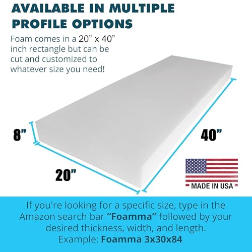 Foamma 8" x 20" x 40" Medium Density Upholstery Foam Cushion (Seat Replacement, Upholstery Sheet, Foam Padding) Made in USA - color: Medium Density, size: 8" x 20" x 40"