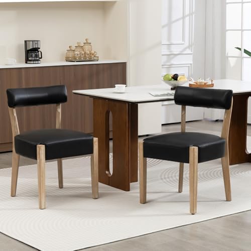 ZJhome Modern Dining Chairs Set of 2 – Mid-Century Modern Faux Leather Upholstered Kitchen & Dining Room Chairs with Curved Back, Oversized Rounded Seat, Sturdy Wood Frame, Black - color: Black Leather, size: Set of 2