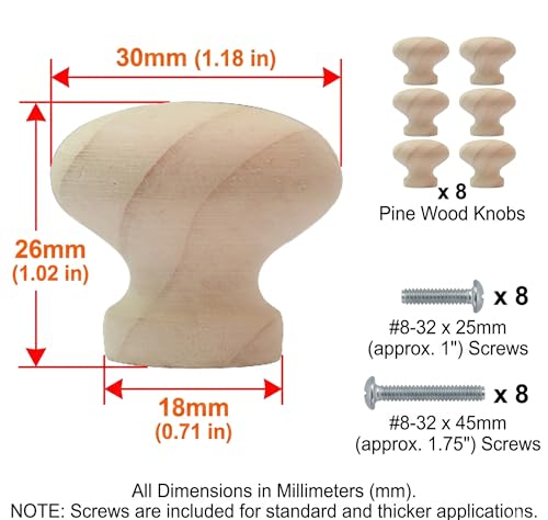 Unfinished Pine Wood Cabinet Knobs, 30mm Round, 8 Pack