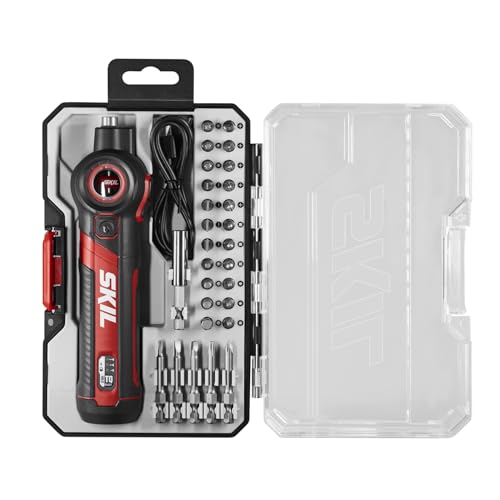 SKIL Twist 2.0 Rechargeable 4V Screwdriver with Pivoting Head, Torque Setting, USB-C Charging Cable, 28 PC Bit Set & Carrying Case- SD5619-02 - size: 1 Count(Pack of 1), style: 4V Screwdriver_Twist 2.0 28pc Set