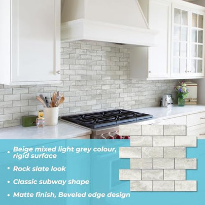 STICKGOO 10-Sheet Peel and Stick Backsplash on Subway Tile, Beige - color: Beige Mixed Light Grey